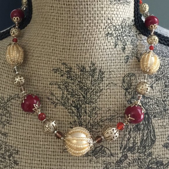 CAROLEE Statement Red and Gold Beaded Necklace with semi-precious accents - Picture 4 of 6